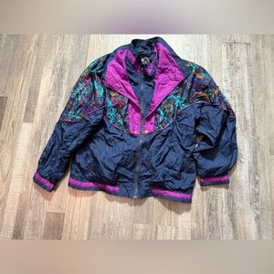 Pink and Blue Ski Snow Jacket with High Collar and Color-Blocking vintage casual